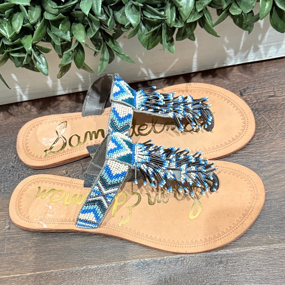 Sam Edelman Blue Beaded Fringe T-Strap Sandals Size 6.5 - Picture 4 of 5
